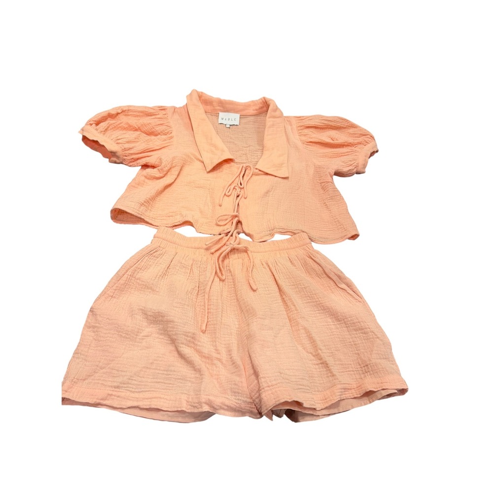 Mable Peach Gauze Two Piece Set Crop Tie Front Top and Shorts Small